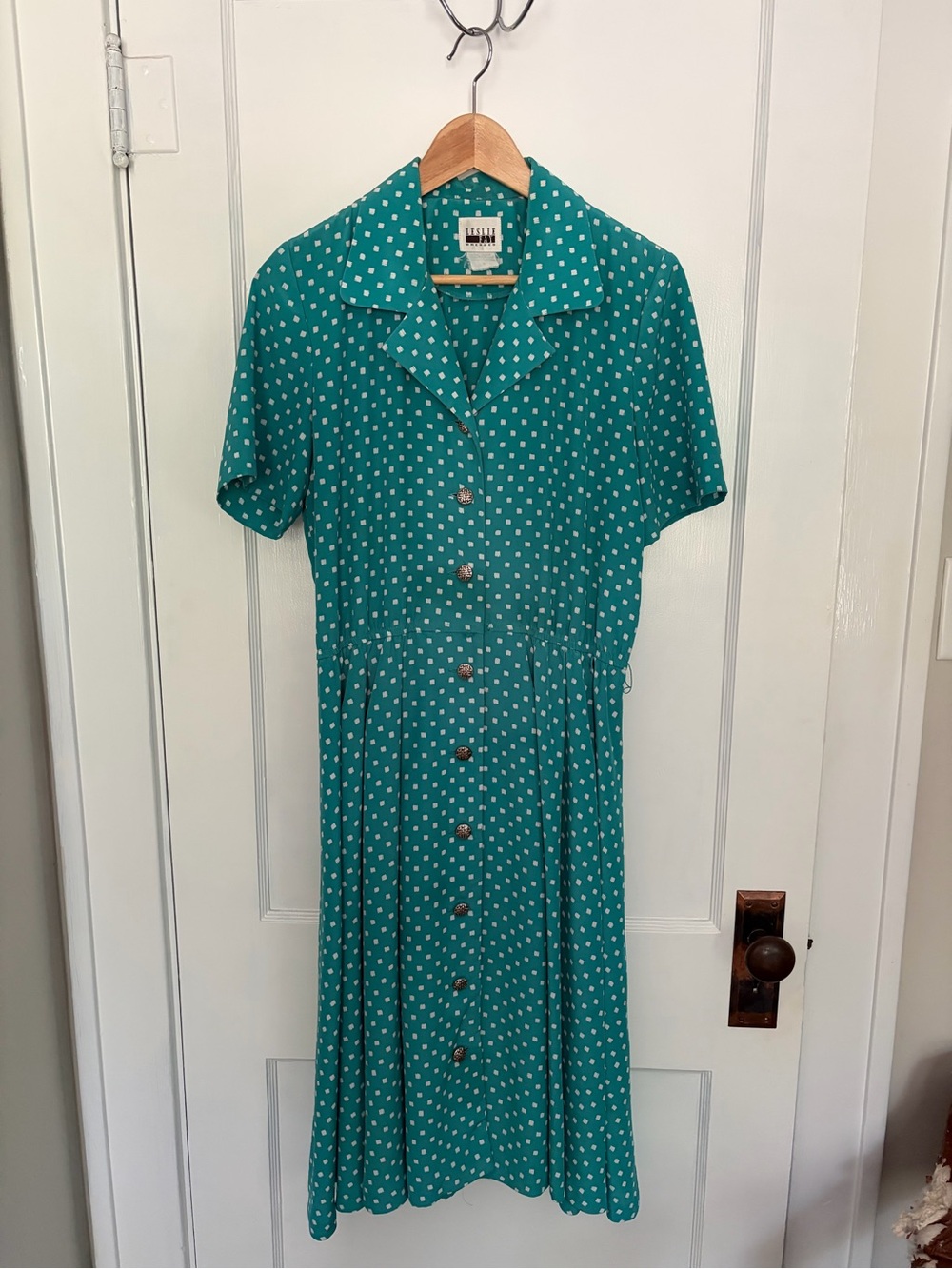 VINTAGE Leslie Fay Teal Polka Dot Button-Front Midi Dress